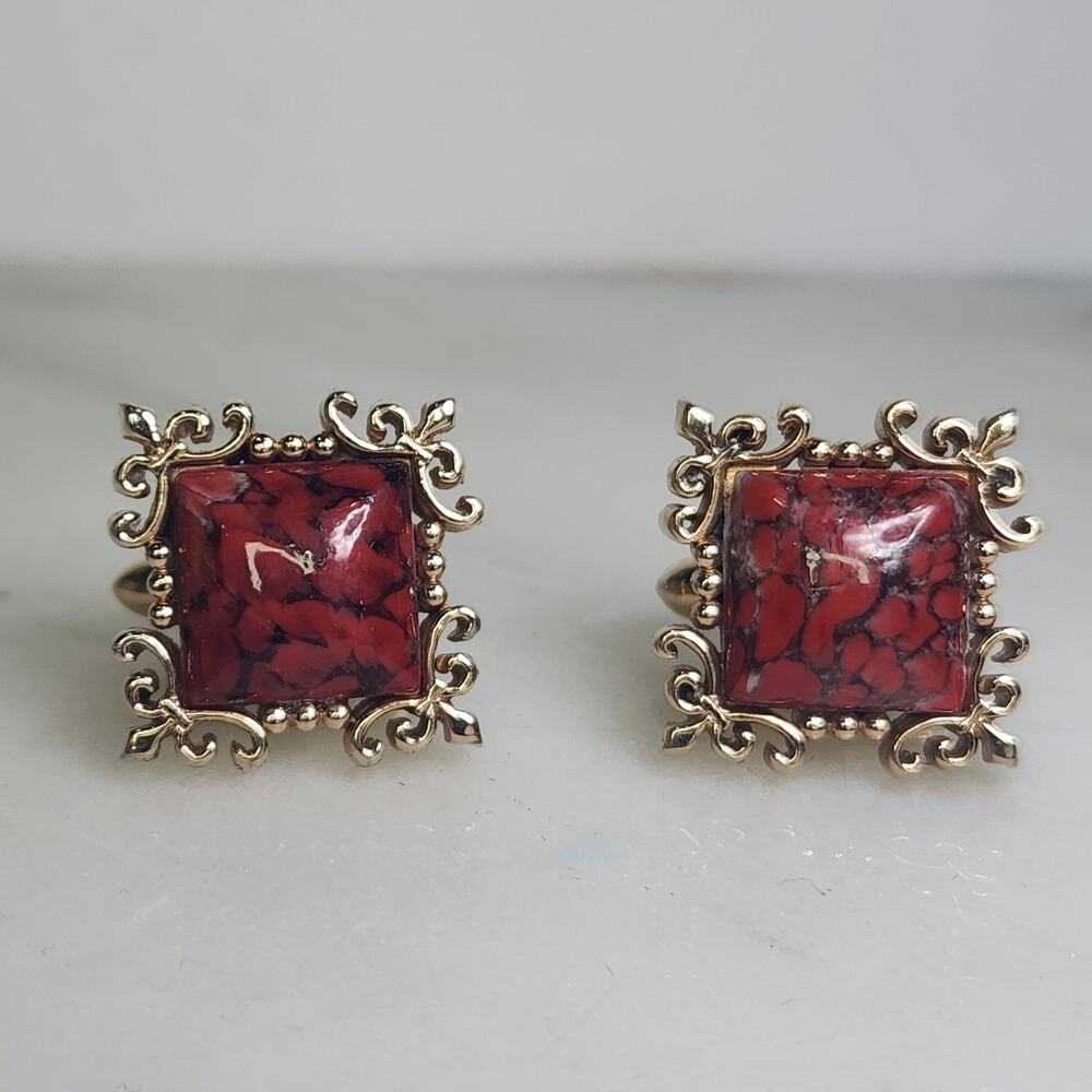 Swank Vintage Gold Toned Cufflinks Red Cabochon Stone Statement Luxury